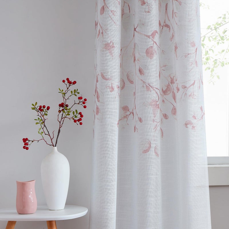 Central Park Leaf Floral Print Metallic Sheer Linen Window Curtain Panel for Rustic Living Room/Bedroom Sparkling Decorative 6 Grommets Top Drape Panels Farmhouse Curtains,Coral Red,40" x 95"x2, 2 PK - Image 2